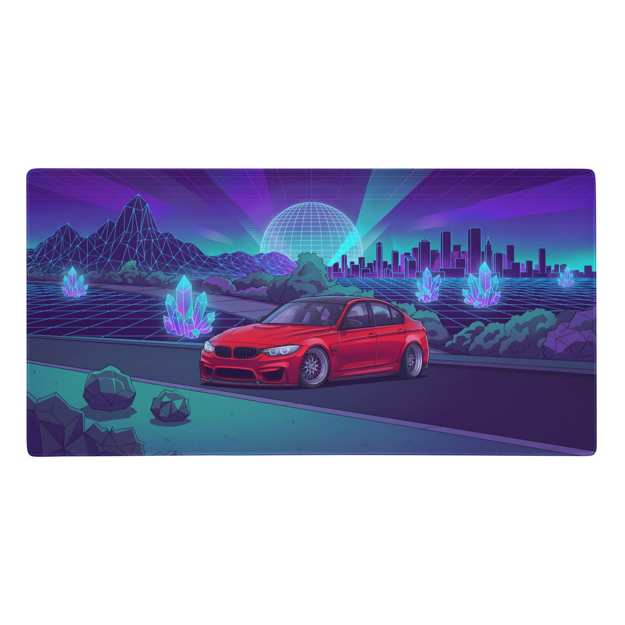 Bmw m3 f80 inspired red purple vaporwave gaming mouse pad with neon sports sedan and retro futuristic city design