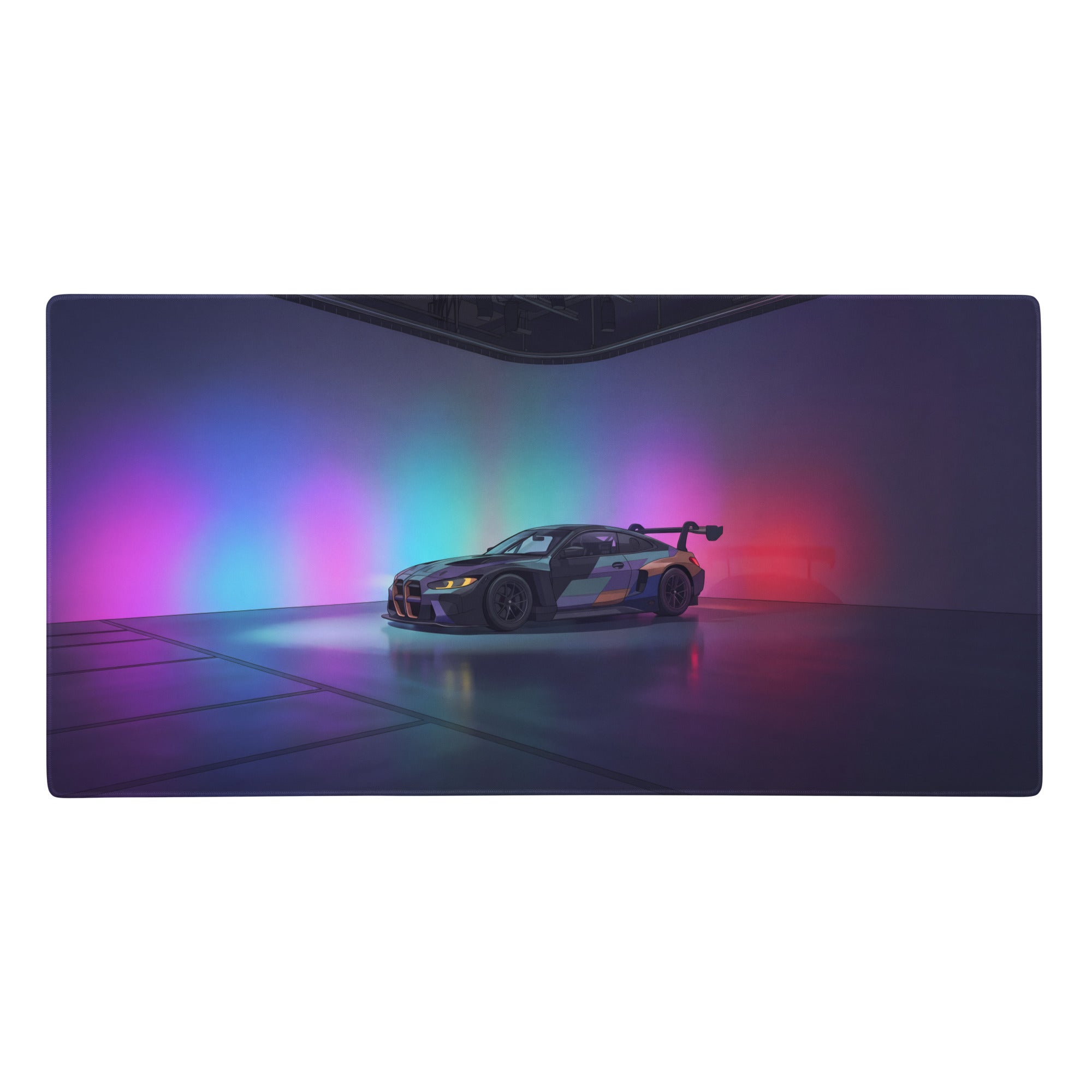 A sleek dark gray bmw m4 race car with rear spoiler on a neon vaporwave gaming mouse pad with futuristic lighting