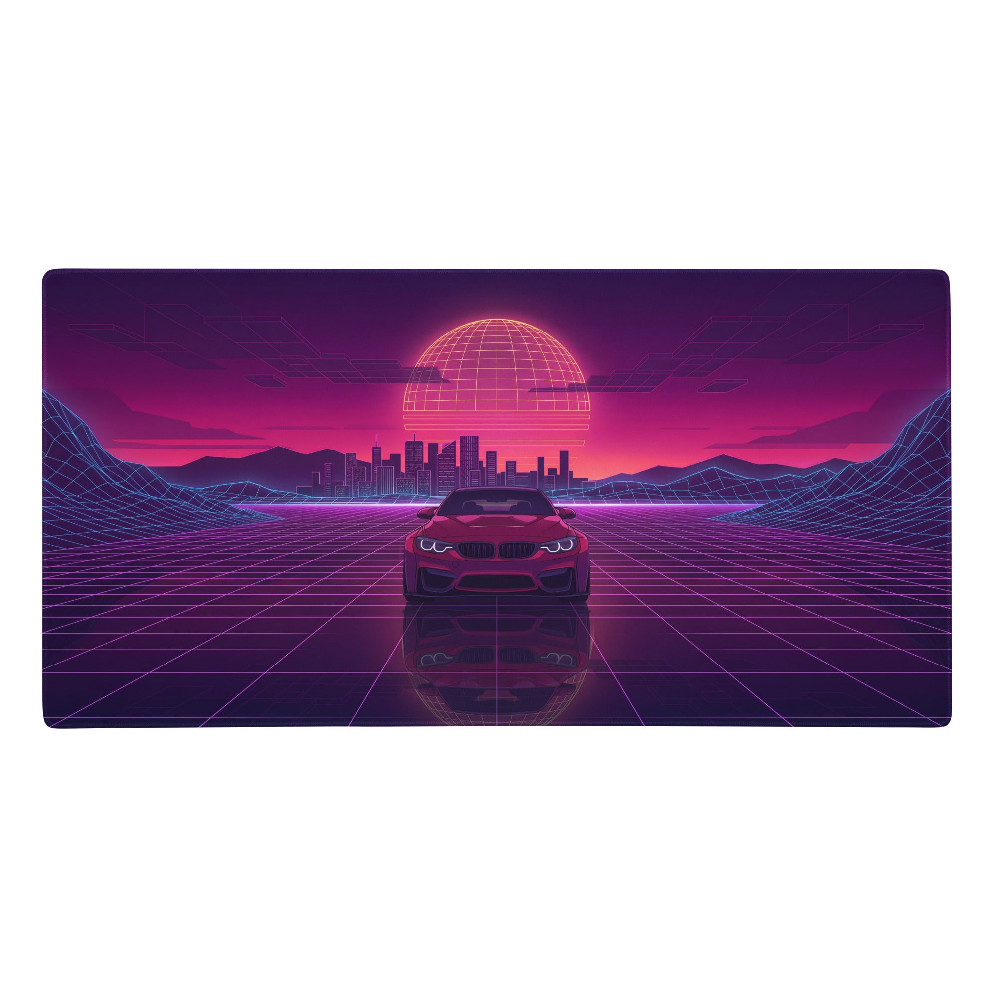 Red bmw m4 f82 inspired vaporwave gaming mouse pad with neon sports coupe and retro futuristic city grid artwork