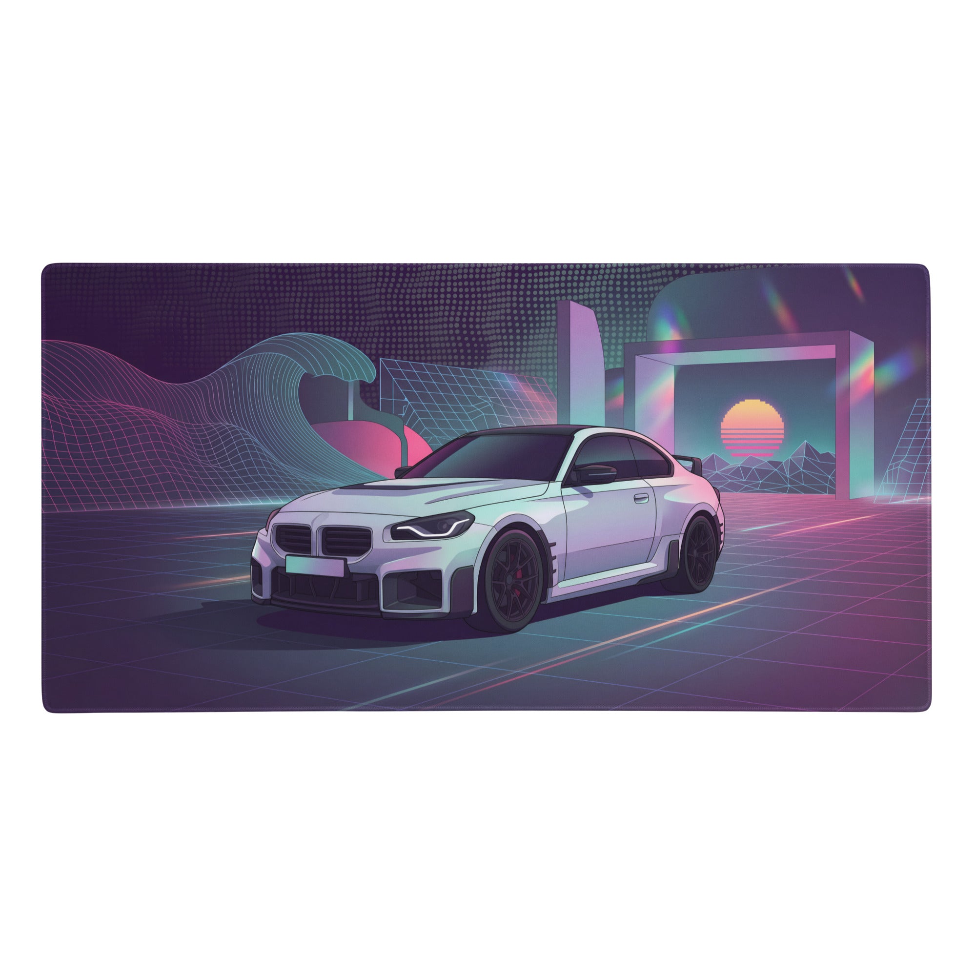 White bmw sports car with sleek design and black rims on a vaporwave gaming mouse pad with retro futuristic grid artwork