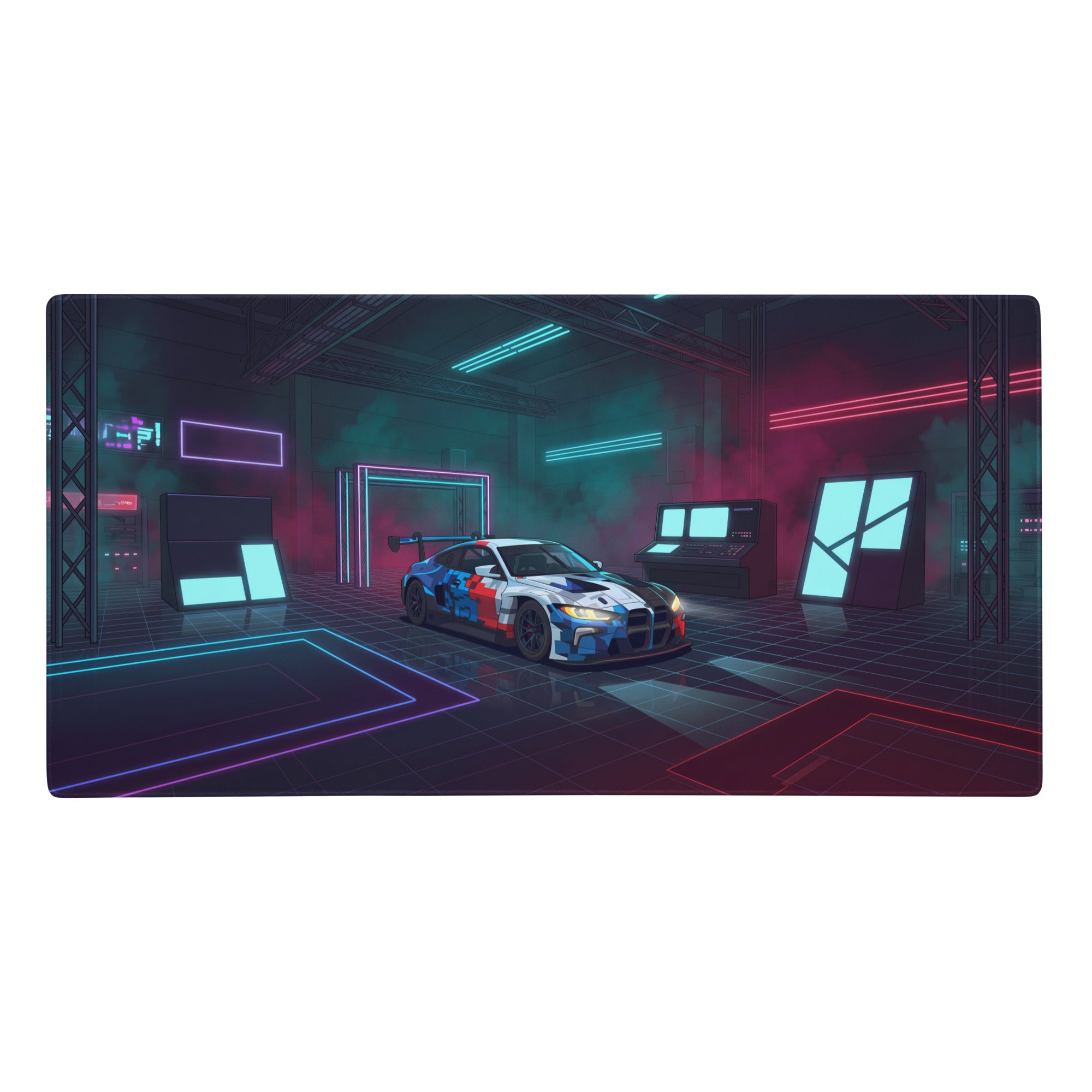 Bwm m4 gt3 inspired white blue vaporwave gaming mouse pad featuring a sleek futuristic neon race car design
