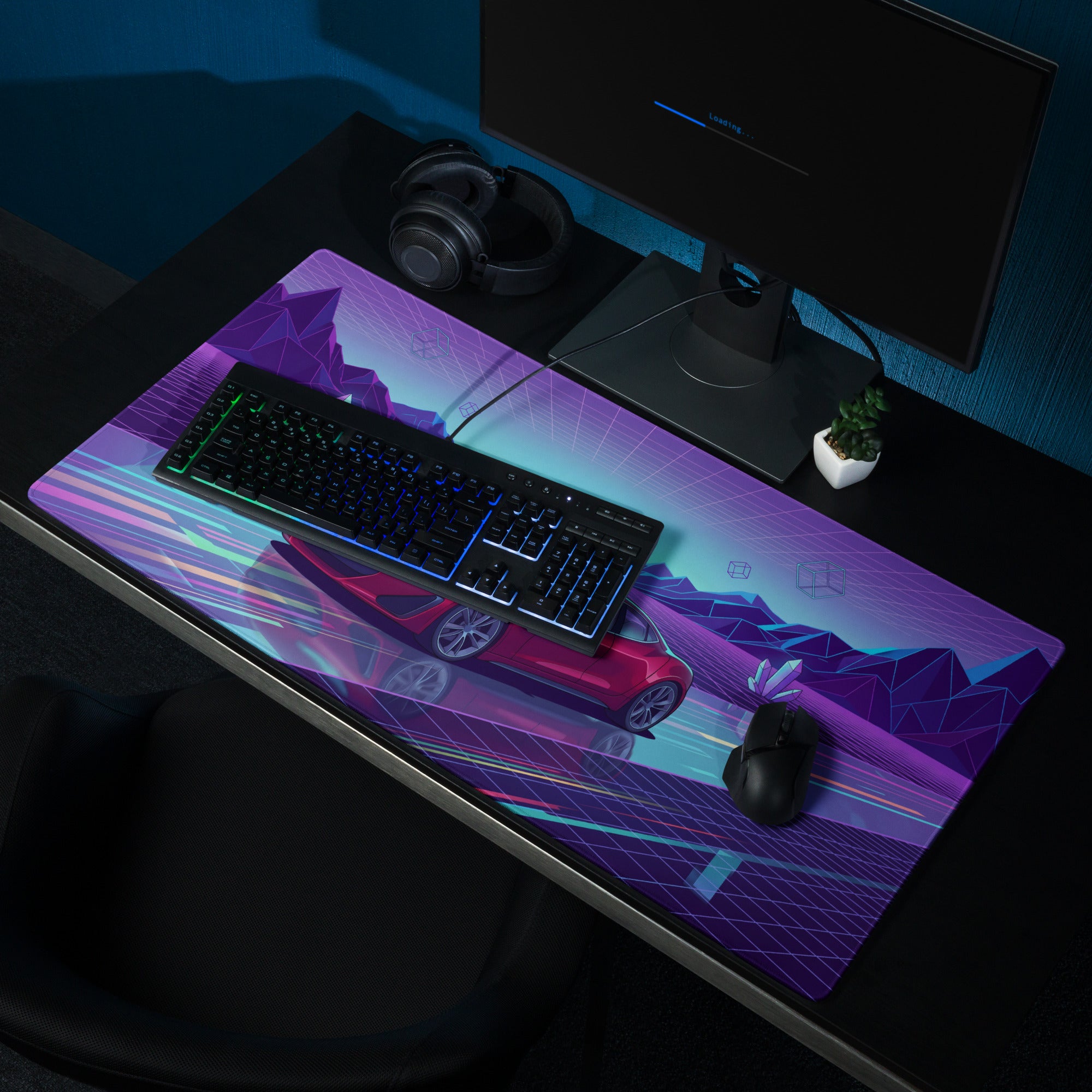 Vaporwave Neon Car Desk Mat - Vaporwave Mouse Pad Purple Blue Desk Retro - Dreamy Neon Mood Gaming Desk Gear Digital Art