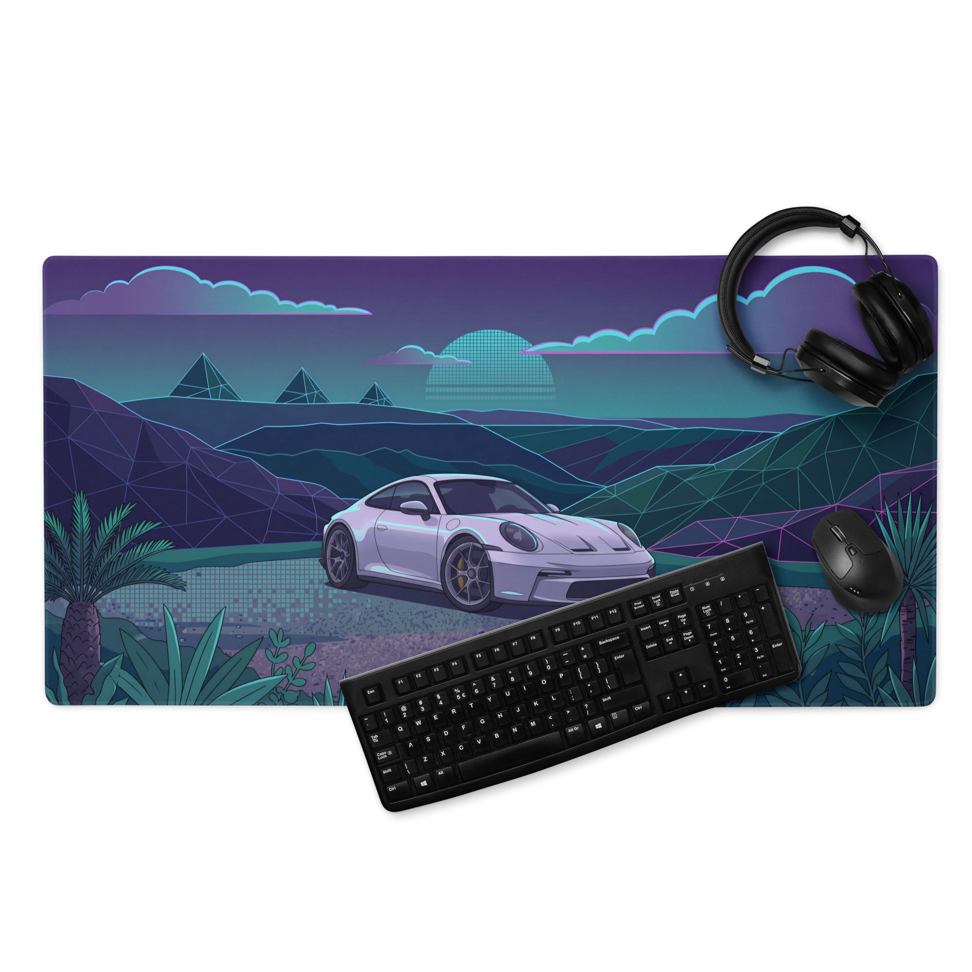 Porsche 911 GT3 Touring Inspired White Teal Vaporwave Gaming Mouse Pad, Retro Futuristic Sports Car Desk Mat with Neon Mountain Artwork
