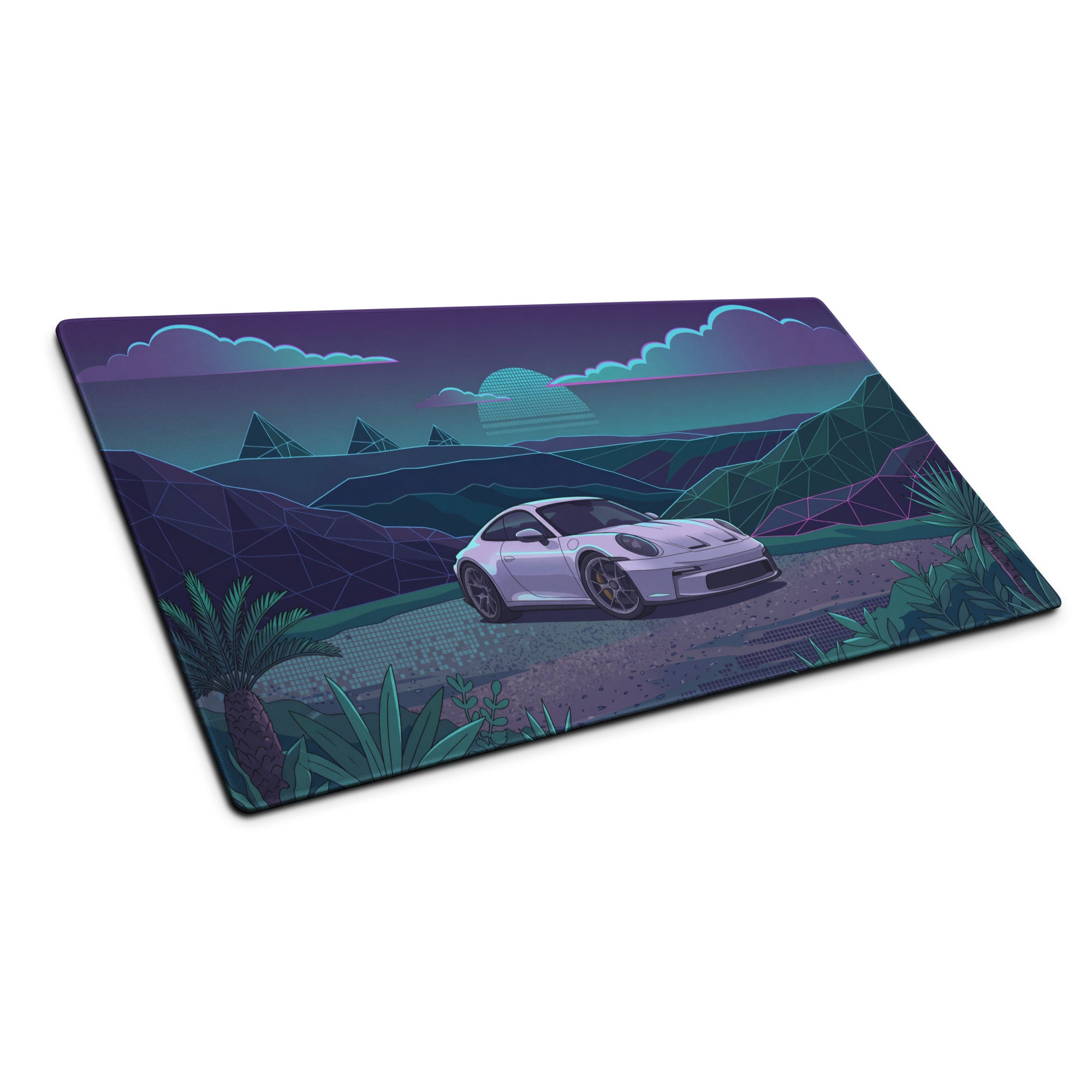Porsche 911 GT3 Touring Inspired White Teal Vaporwave Gaming Mouse Pad, Retro Futuristic Sports Car Desk Mat with Neon Mountain Artwork