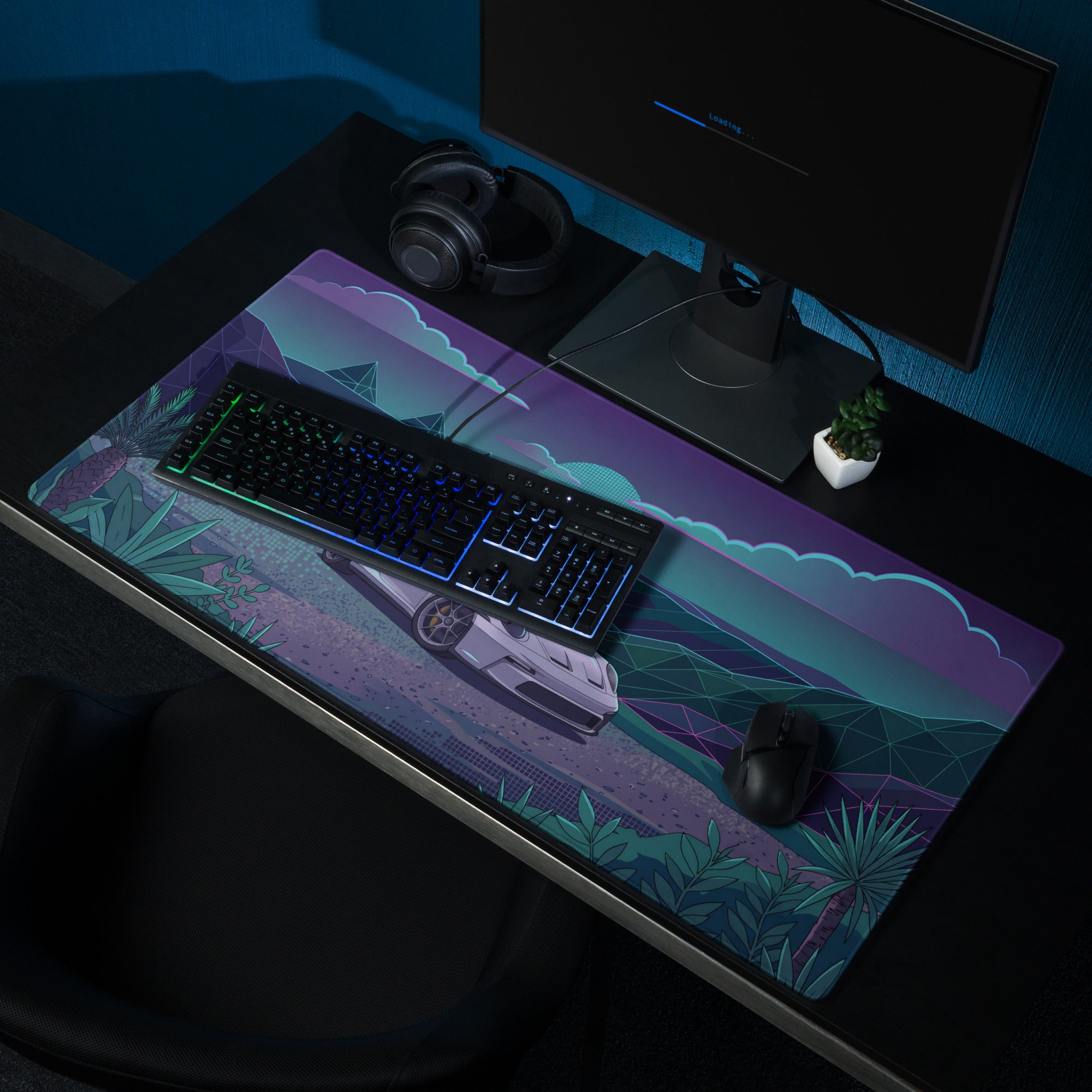 Porsche 911 GT3 Touring Inspired White Teal Vaporwave Gaming Mouse Pad, Retro Futuristic Sports Car Desk Mat with Neon Mountain Artwork