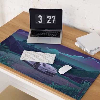 Porsche 911 GT3 Touring Inspired White Teal Vaporwave Gaming Mouse Pad, Retro Futuristic Sports Car Desk Mat with Neon Mountain Artwork
