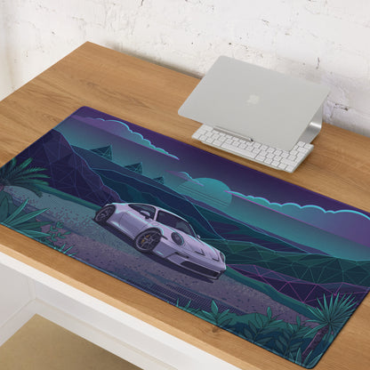 Porsche 911 GT3 Touring Inspired White Teal Vaporwave Gaming Mouse Pad, Retro Futuristic Sports Car Desk Mat with Neon Mountain Artwork