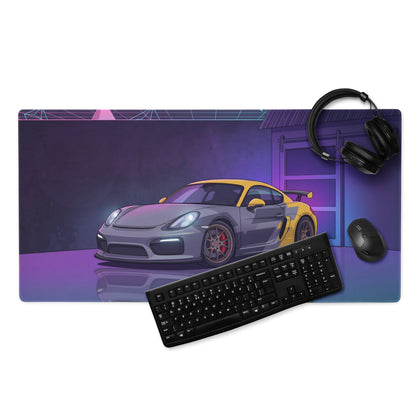 Porsche Cayman GT4 Inspired Gray Yellow Vaporwave Gaming Mouse Pad, Neon Sports Car Desk Mat with Retro Futuristic Garage Artwork