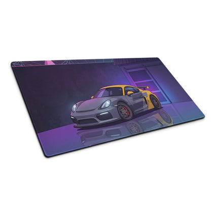 Porsche Cayman GT4 Inspired Gray Yellow Vaporwave Gaming Mouse Pad, Neon Sports Car Desk Mat with Retro Futuristic Garage Artwork