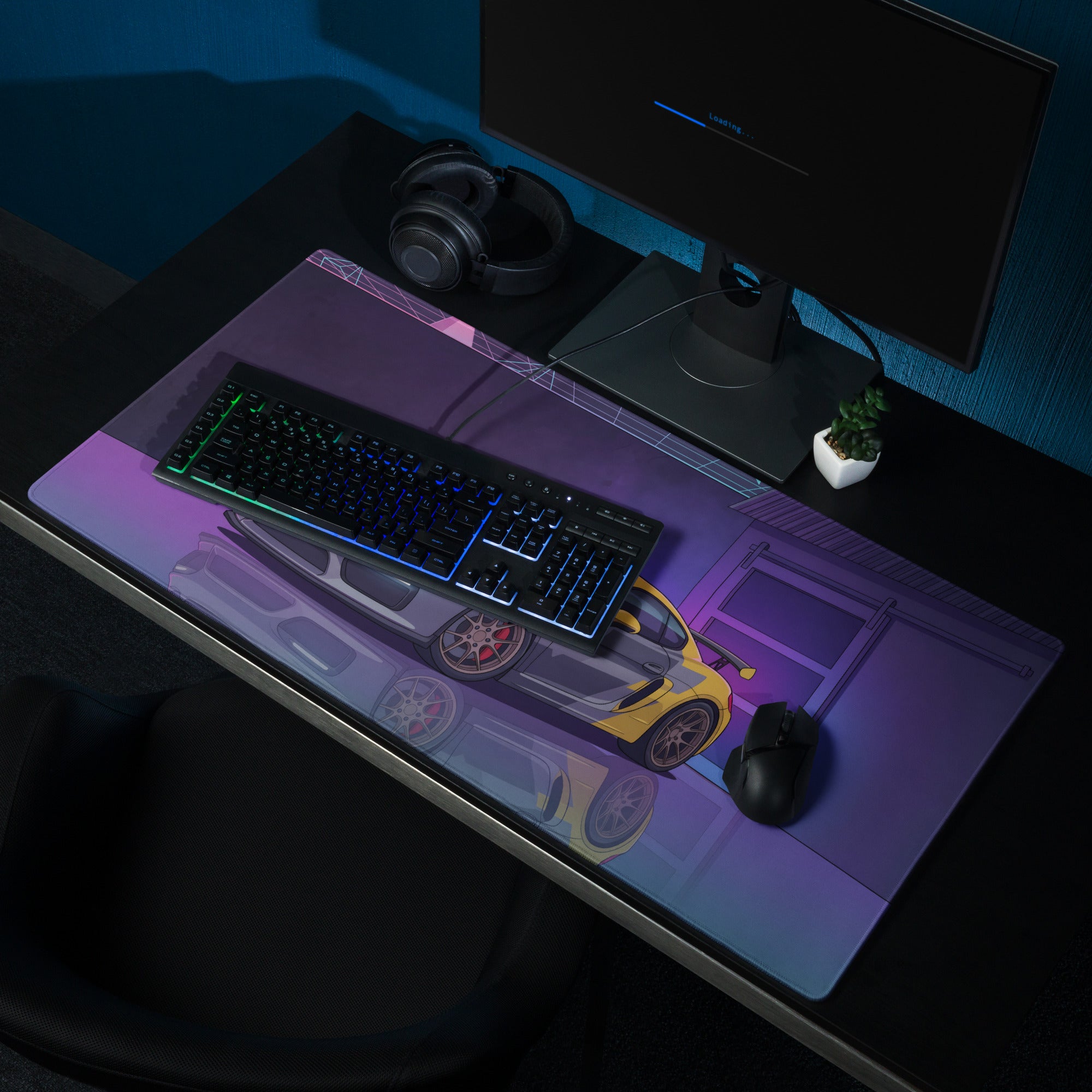 Porsche Cayman GT4 Inspired Gray Yellow Vaporwave Gaming Mouse Pad, Neon Sports Car Desk Mat with Retro Futuristic Garage Artwork