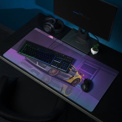 Porsche Cayman GT4 Inspired Gray Yellow Vaporwave Gaming Mouse Pad, Neon Sports Car Desk Mat with Retro Futuristic Garage Artwork
