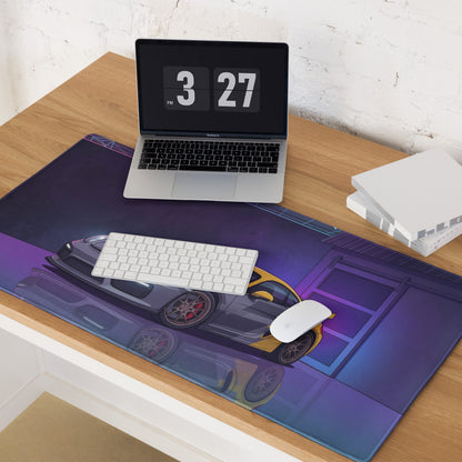 Porsche Cayman GT4 Inspired Gray Yellow Vaporwave Gaming Mouse Pad, Neon Sports Car Desk Mat with Retro Futuristic Garage Artwork