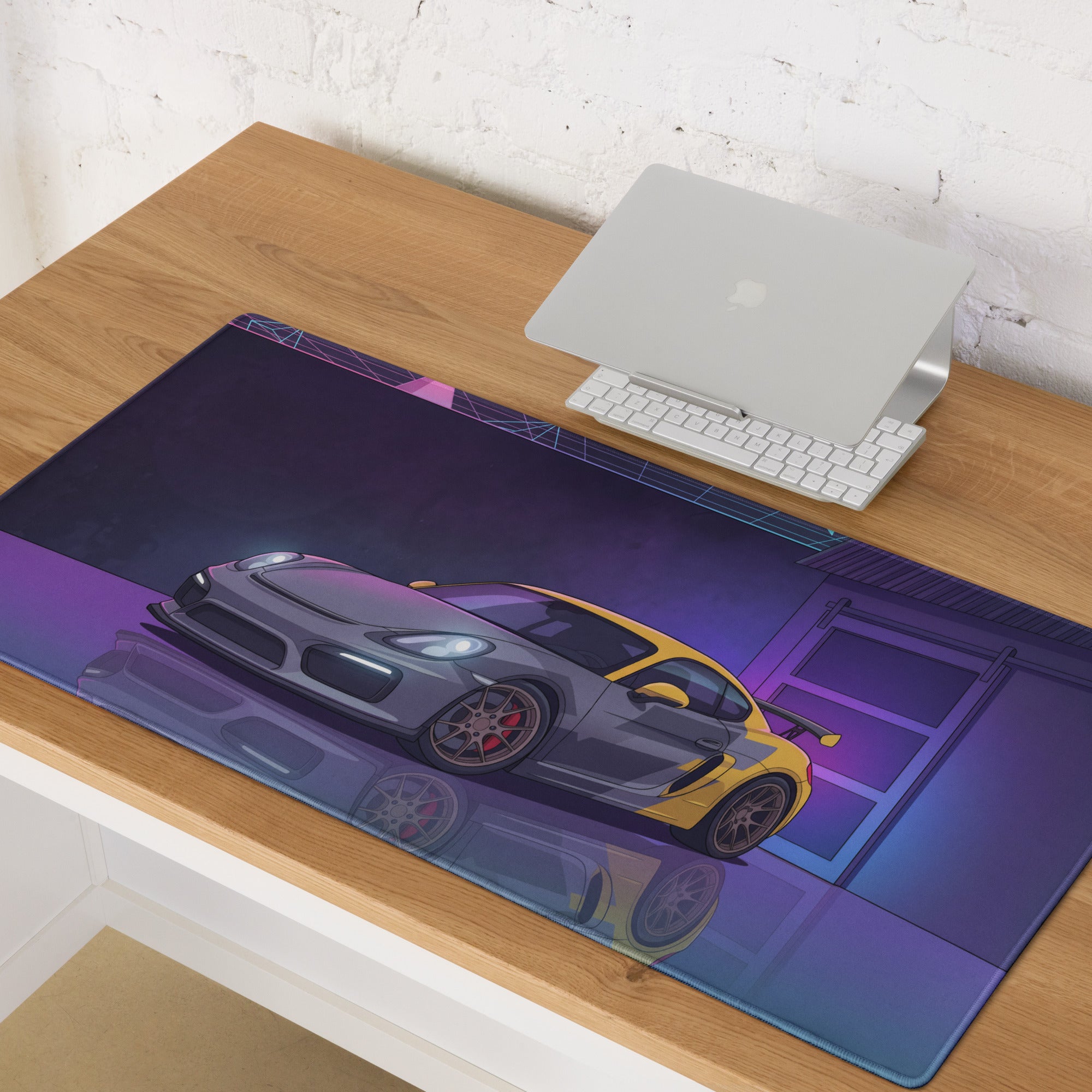 Porsche Cayman GT4 Inspired Gray Yellow Vaporwave Gaming Mouse Pad, Neon Sports Car Desk Mat with Retro Futuristic Garage Artwork