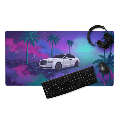 Rolls-Royce Ghost Inspired White Purple Vaporwave Gaming Mouse Pad, Neon Luxury Car Desk Mat with Retro Futuristic Palm Tree Artwork