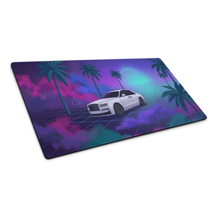 Rolls-Royce Ghost Inspired White Purple Vaporwave Gaming Mouse Pad, Neon Luxury Car Desk Mat with Retro Futuristic Palm Tree Artwork