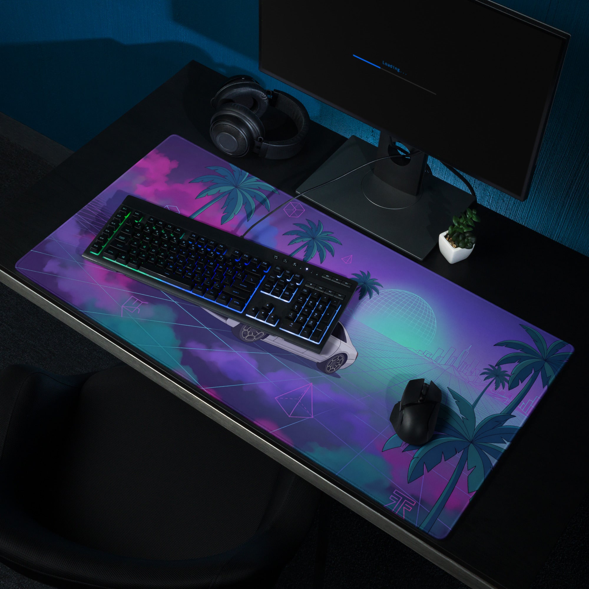 Rolls-Royce Ghost Inspired White Purple Vaporwave Gaming Mouse Pad, Neon Luxury Car Desk Mat with Retro Futuristic Palm Tree Artwork