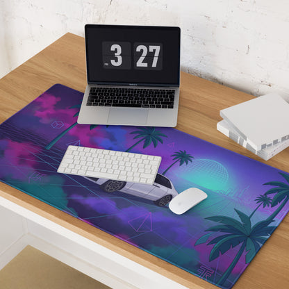Rolls-Royce Ghost Inspired White Purple Vaporwave Gaming Mouse Pad, Neon Luxury Car Desk Mat with Retro Futuristic Palm Tree Artwork