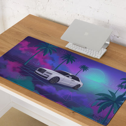 Rolls-Royce Ghost Inspired White Purple Vaporwave Gaming Mouse Pad, Neon Luxury Car Desk Mat with Retro Futuristic Palm Tree Artwork