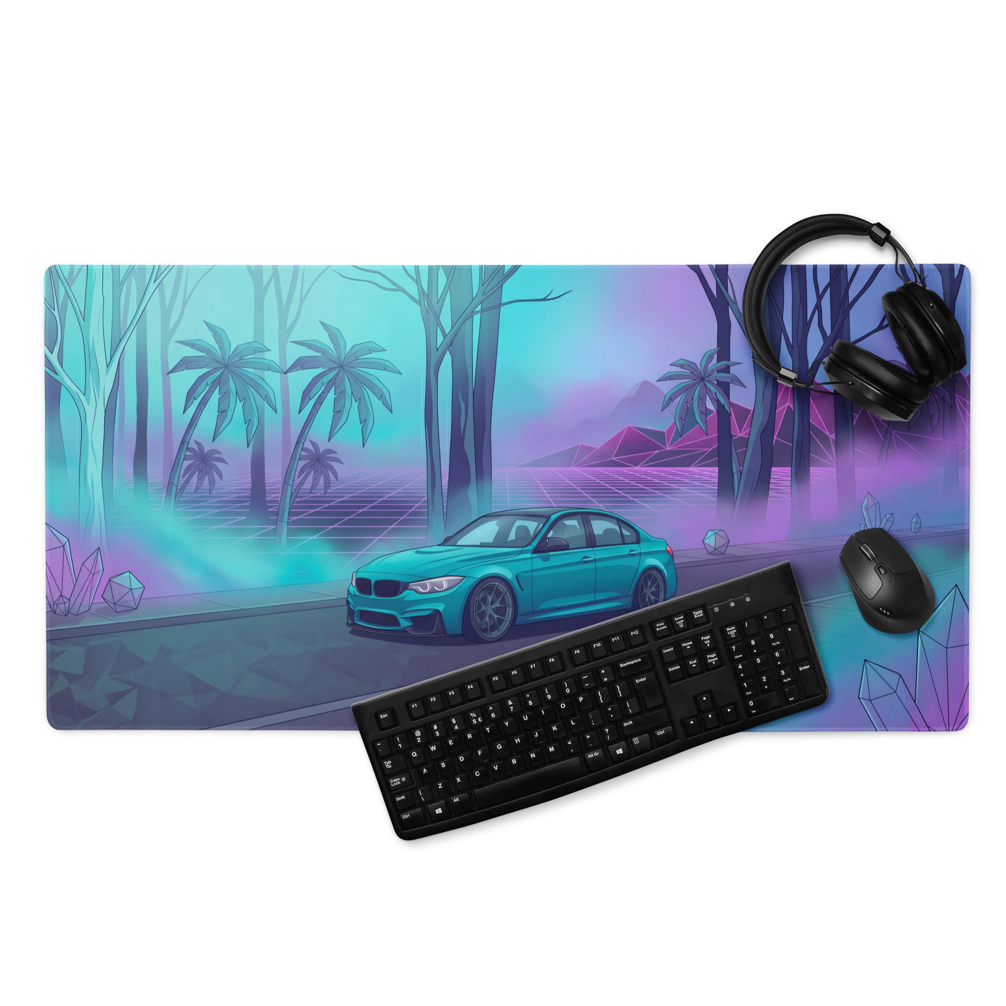 BMW M3 F80 Inspired Teal Purple Vaporwave Gaming Mouse Pad, Neon Sports Sedan Desk Mat with Retro Futuristic Palm Tree Artwork