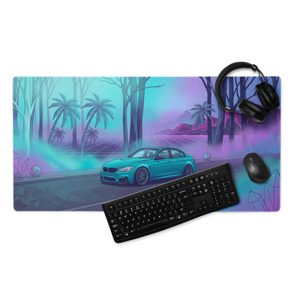 BMW M3 F80 Inspired Teal Purple Vaporwave Gaming Mouse Pad, Neon Sports Sedan Desk Mat with Retro Futuristic Palm Tree Artwork