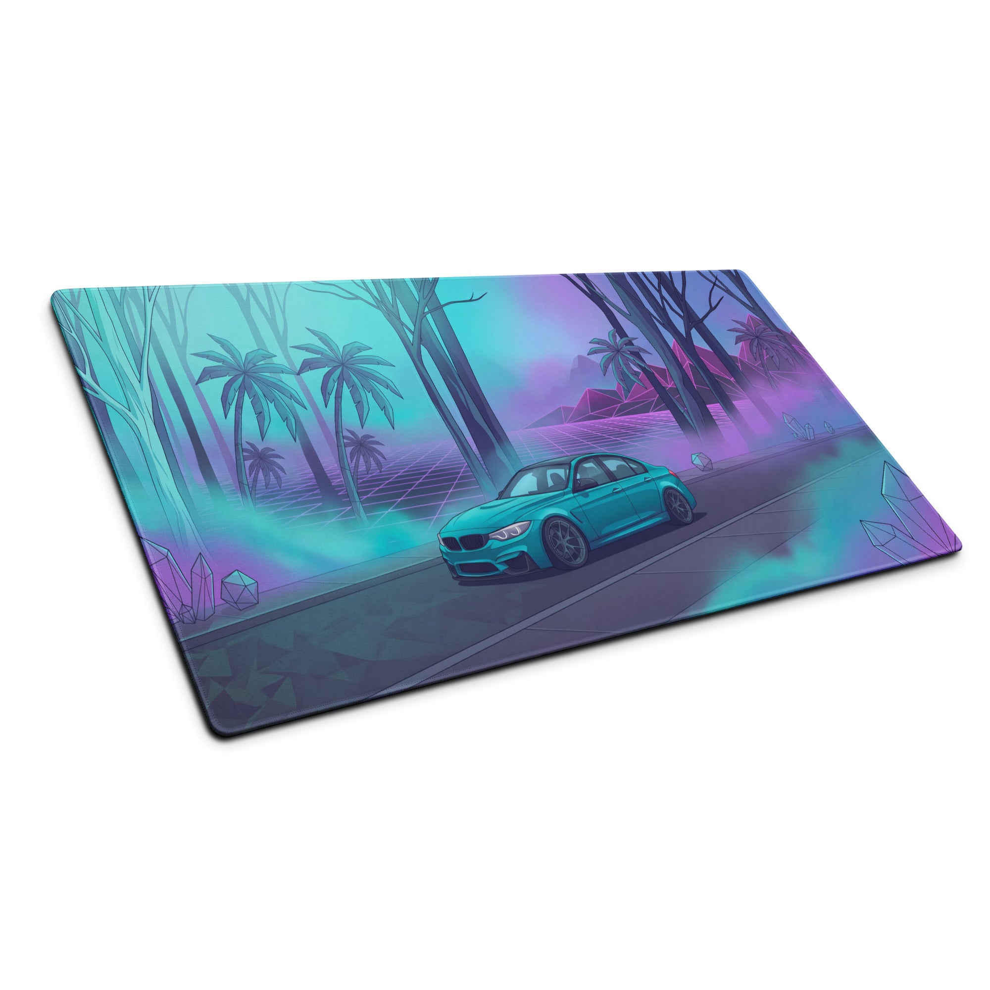 BMW M3 F80 Inspired Teal Purple Vaporwave Gaming Mouse Pad, Neon Sports Sedan Desk Mat with Retro Futuristic Palm Tree Artwork