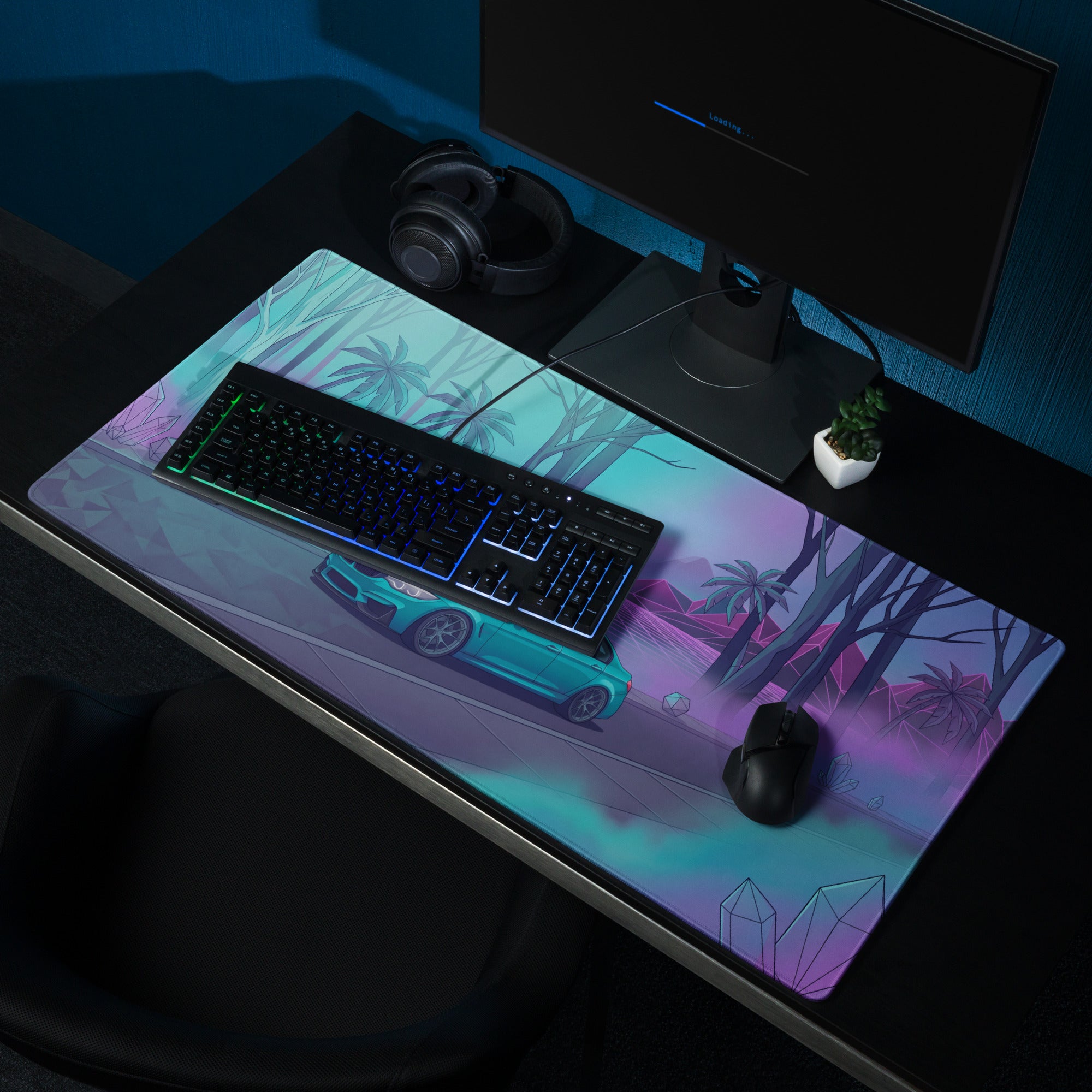 BMW M3 F80 Inspired Teal Purple Vaporwave Gaming Mouse Pad, Neon Sports Sedan Desk Mat with Retro Futuristic Palm Tree Artwork