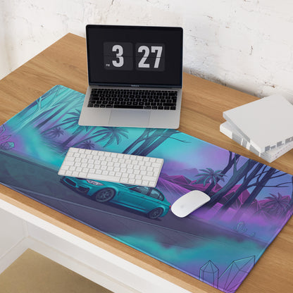 BMW M3 F80 Inspired Teal Purple Vaporwave Gaming Mouse Pad, Neon Sports Sedan Desk Mat with Retro Futuristic Palm Tree Artwork