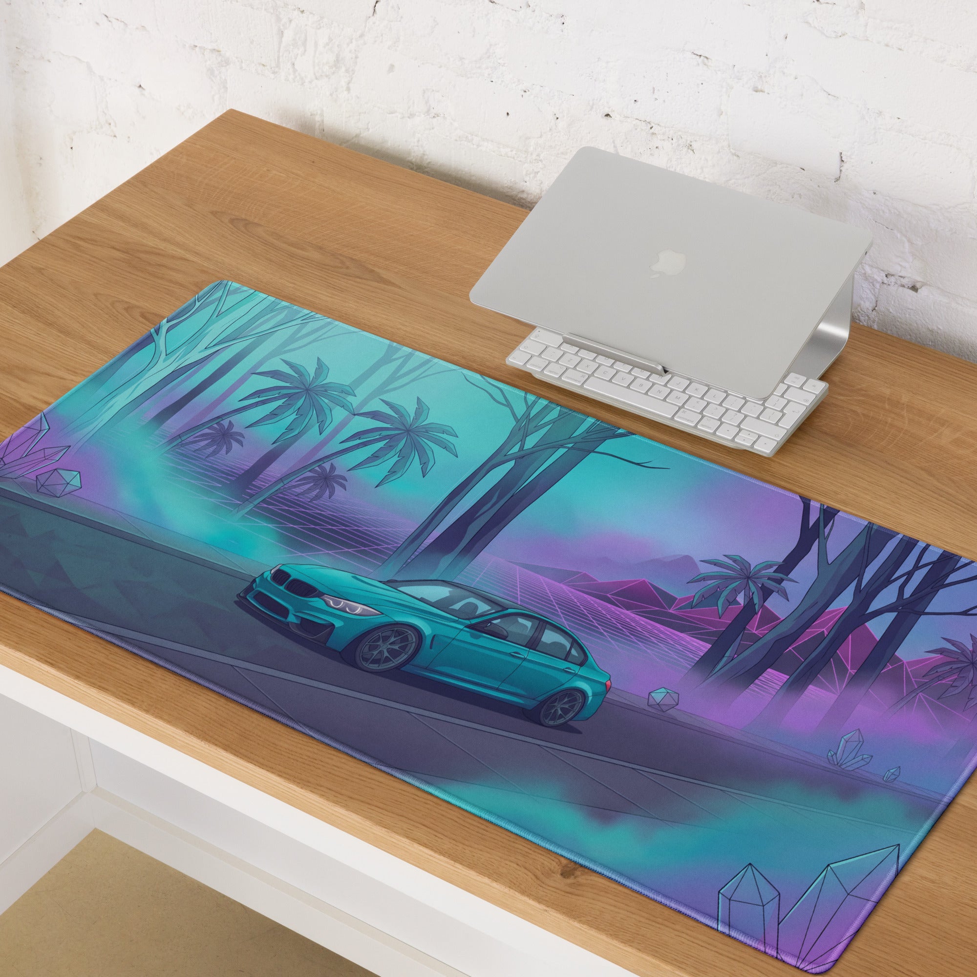 BMW M3 F80 Inspired Teal Purple Vaporwave Gaming Mouse Pad, Neon Sports Sedan Desk Mat with Retro Futuristic Palm Tree Artwork