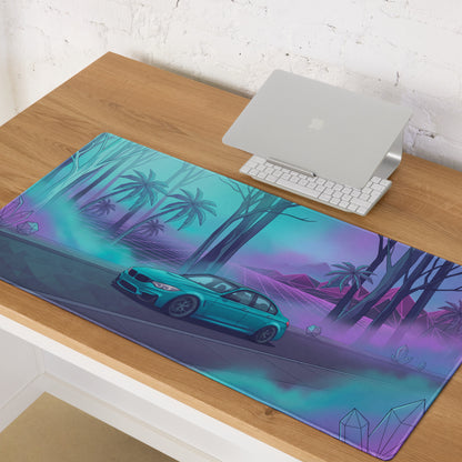 BMW M3 F80 Inspired Teal Purple Vaporwave Gaming Mouse Pad, Neon Sports Sedan Desk Mat with Retro Futuristic Palm Tree Artwork