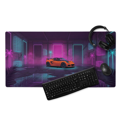 Lotus Elise Inspired Orange Purple Vaporwave Gaming Mouse Pad, Neon Retro Sports Car Desk Mat with Cyberpunk Garage Artwork