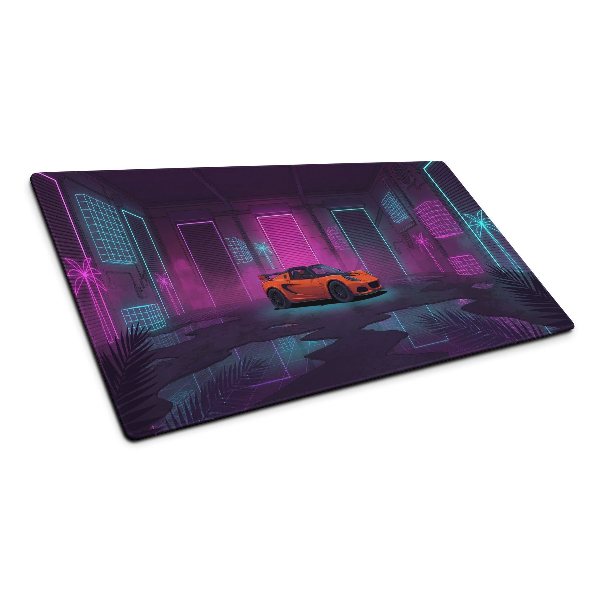 Lotus Elise Inspired Orange Purple Vaporwave Gaming Mouse Pad, Neon Retro Sports Car Desk Mat with Cyberpunk Garage Artwork