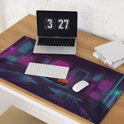 Lotus Elise Inspired Orange Purple Vaporwave Gaming Mouse Pad, Neon Retro Sports Car Desk Mat with Cyberpunk Garage Artwork