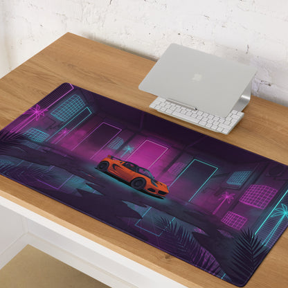 Lotus Elise Inspired Orange Purple Vaporwave Gaming Mouse Pad, Neon Retro Sports Car Desk Mat with Cyberpunk Garage Artwork