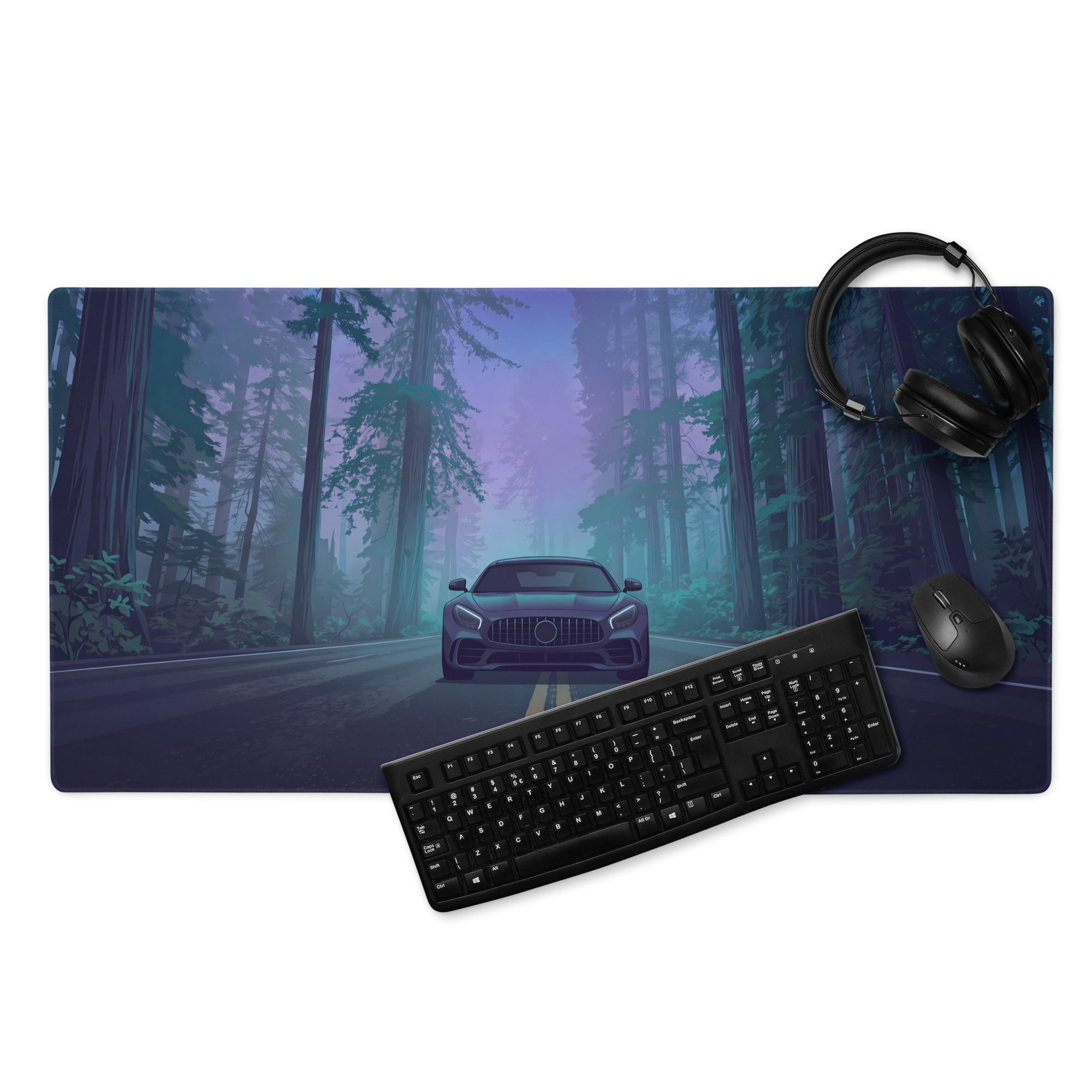 Mercedes-AMG GT Inspired Black Blue Vaporwave Gaming Mouse Pad, Moody Sports Car Desk Mat with Neon Forest Road Artwork and Cyberpunk Style