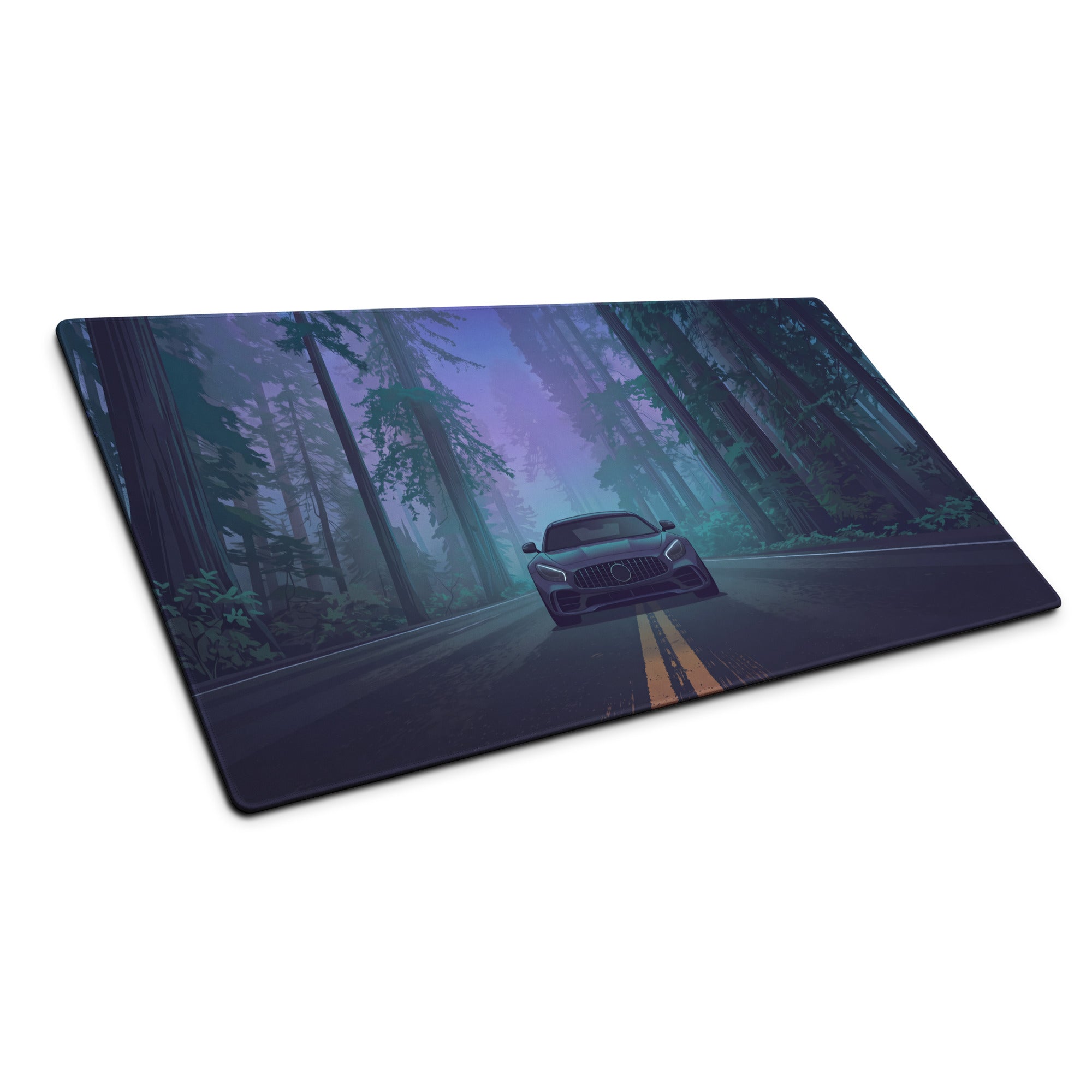 Mercedes-AMG GT Inspired Black Blue Vaporwave Gaming Mouse Pad, Moody Sports Car Desk Mat with Neon Forest Road Artwork and Cyberpunk Style