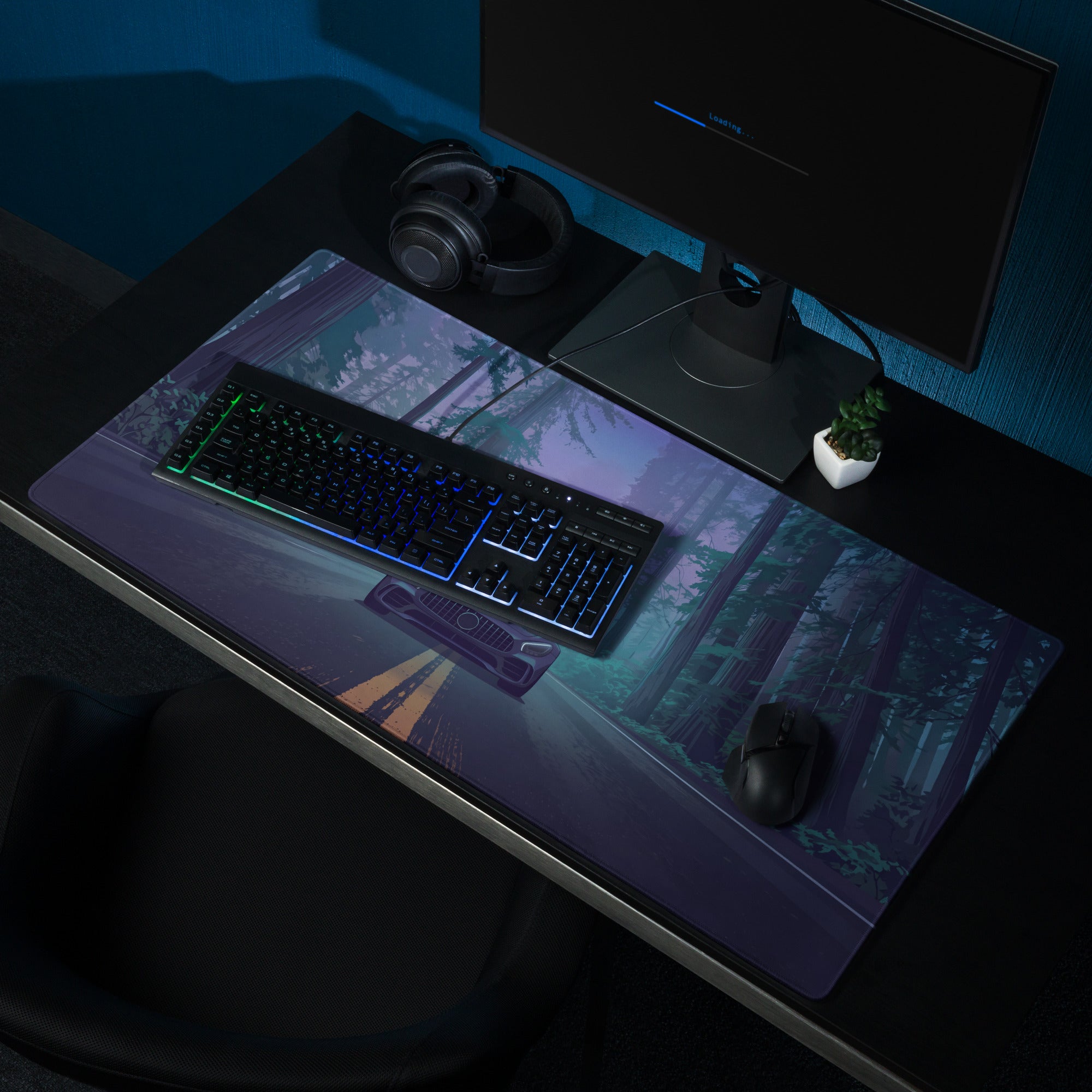 Mercedes-AMG GT Inspired Black Blue Vaporwave Gaming Mouse Pad, Moody Sports Car Desk Mat with Neon Forest Road Artwork and Cyberpunk Style