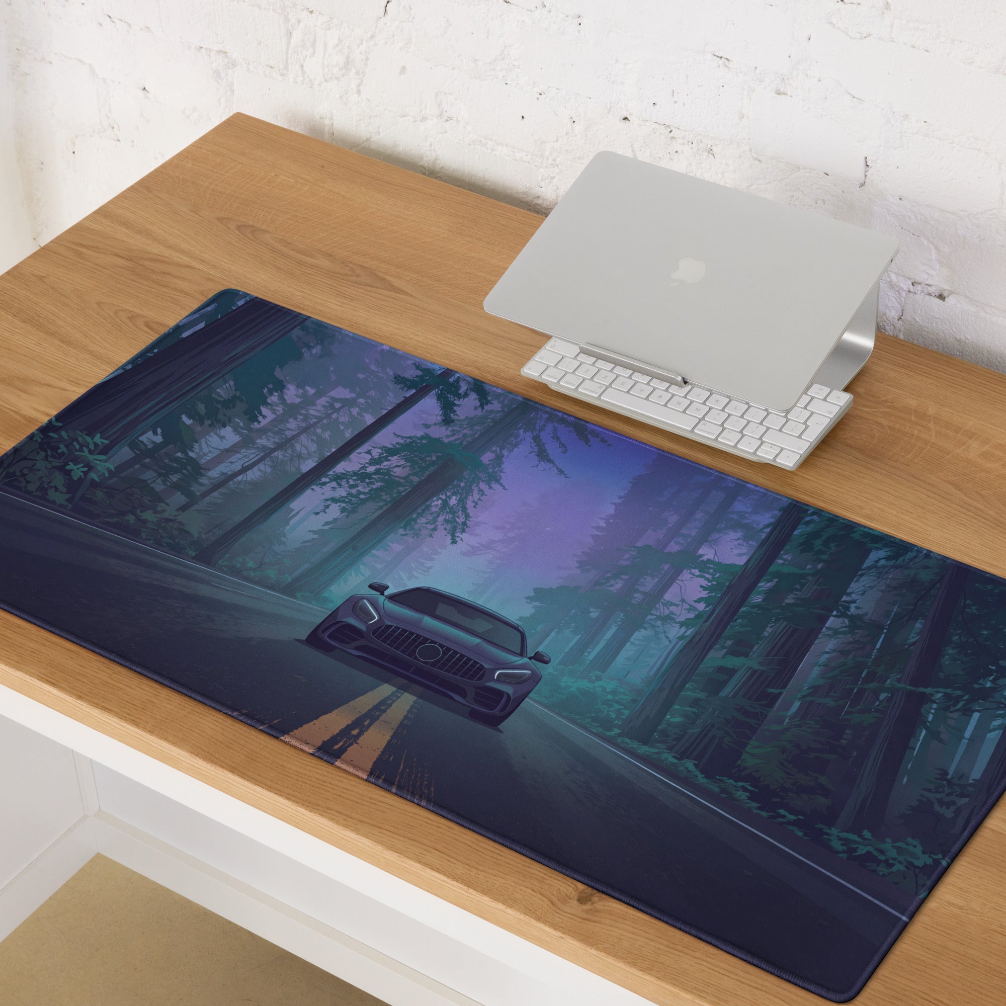 Mercedes-AMG GT Inspired Black Blue Vaporwave Gaming Mouse Pad, Moody Sports Car Desk Mat with Neon Forest Road Artwork and Cyberpunk Style