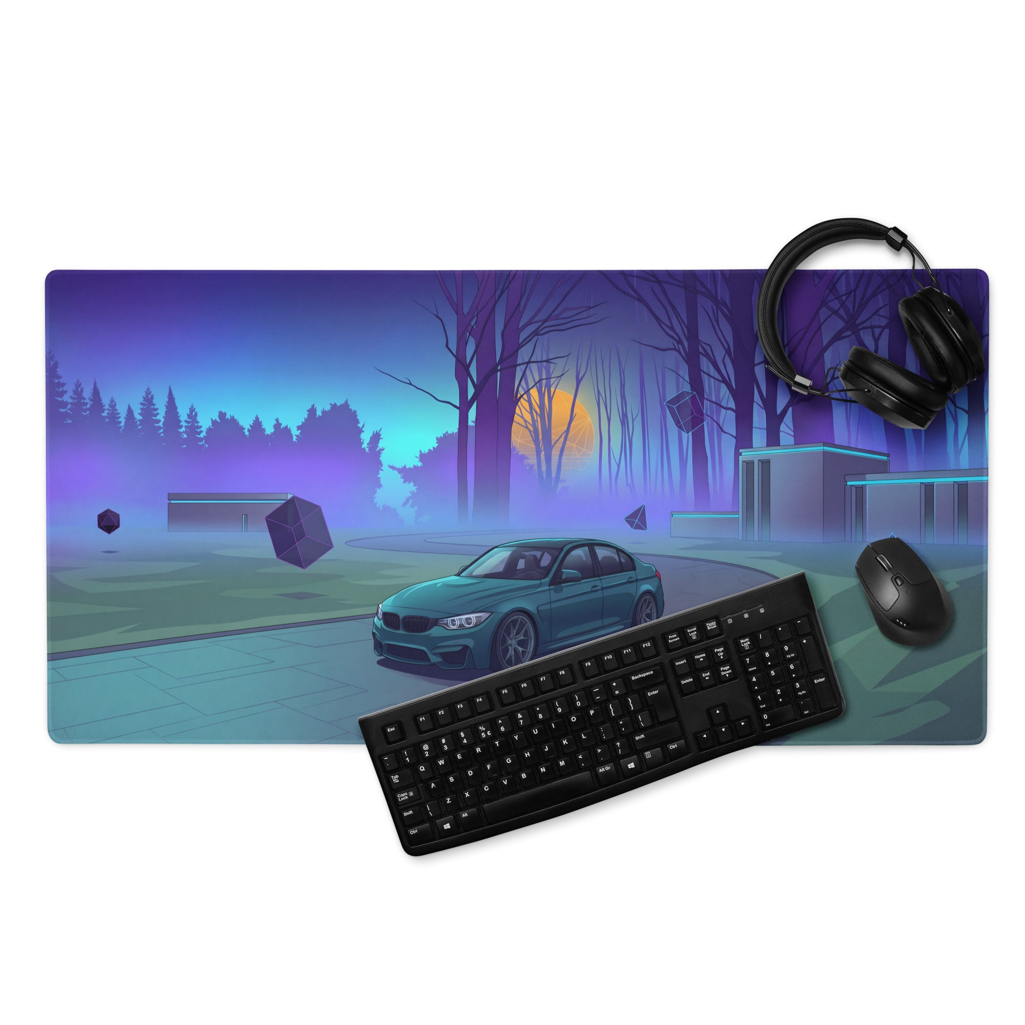 BMW M3 F80 Inspired Teal Blue Vaporwave Gaming Mouse Pad, Retro Futuristic Sports Sedan Desk Mat with Neon Forest Sunset Artwork