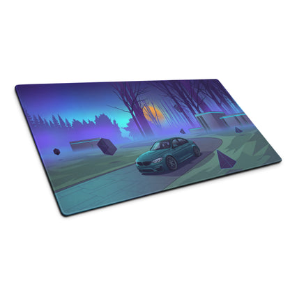 BMW M3 F80 Inspired Teal Blue Vaporwave Gaming Mouse Pad, Retro Futuristic Sports Sedan Desk Mat with Neon Forest Sunset Artwork