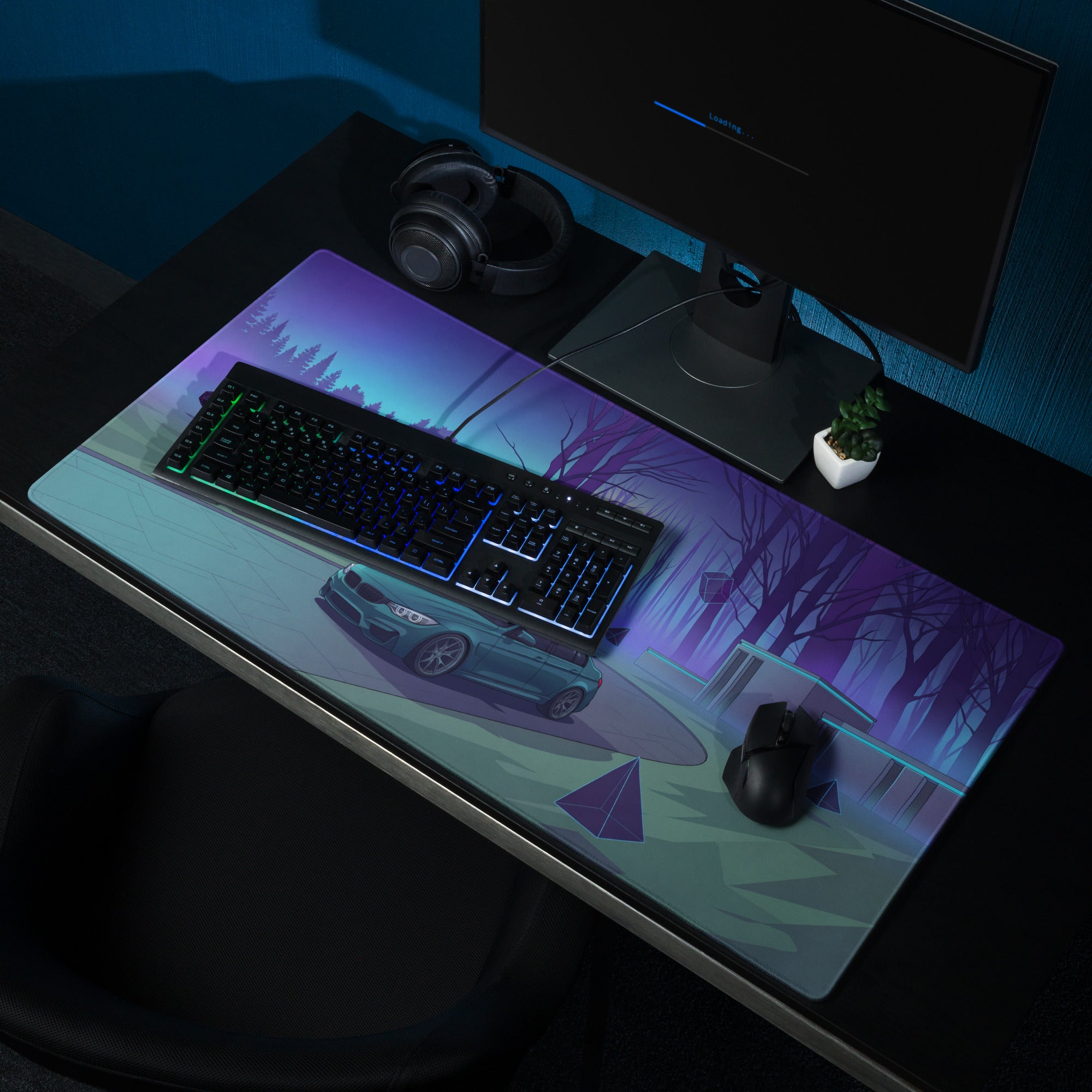 BMW M3 F80 Inspired Teal Blue Vaporwave Gaming Mouse Pad, Retro Futuristic Sports Sedan Desk Mat with Neon Forest Sunset Artwork
