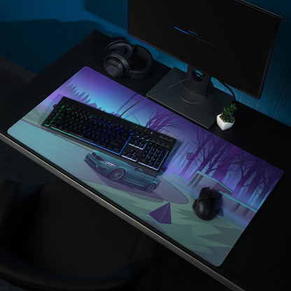 BMW M3 F80 Inspired Teal Blue Vaporwave Gaming Mouse Pad, Retro Futuristic Sports Sedan Desk Mat with Neon Forest Sunset Artwork