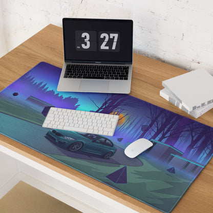 BMW M3 F80 Inspired Teal Blue Vaporwave Gaming Mouse Pad, Retro Futuristic Sports Sedan Desk Mat with Neon Forest Sunset Artwork