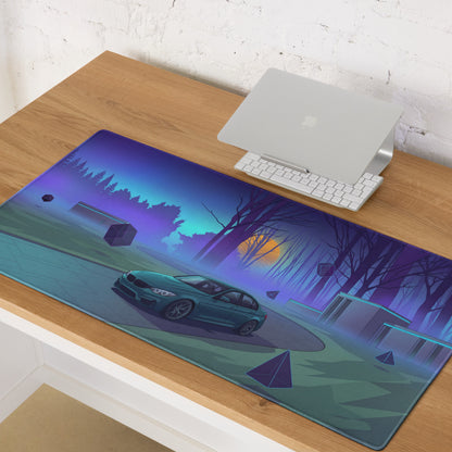 BMW M3 F80 Inspired Teal Blue Vaporwave Gaming Mouse Pad, Retro Futuristic Sports Sedan Desk Mat with Neon Forest Sunset Artwork