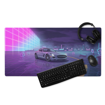 Mercedes-Benz SLS AMG Inspired Silver Purple Vaporwave Gaming Mouse Pad, Neon Supercar Desk Mat with Retro Futuristic Cyberpunk City Artwork