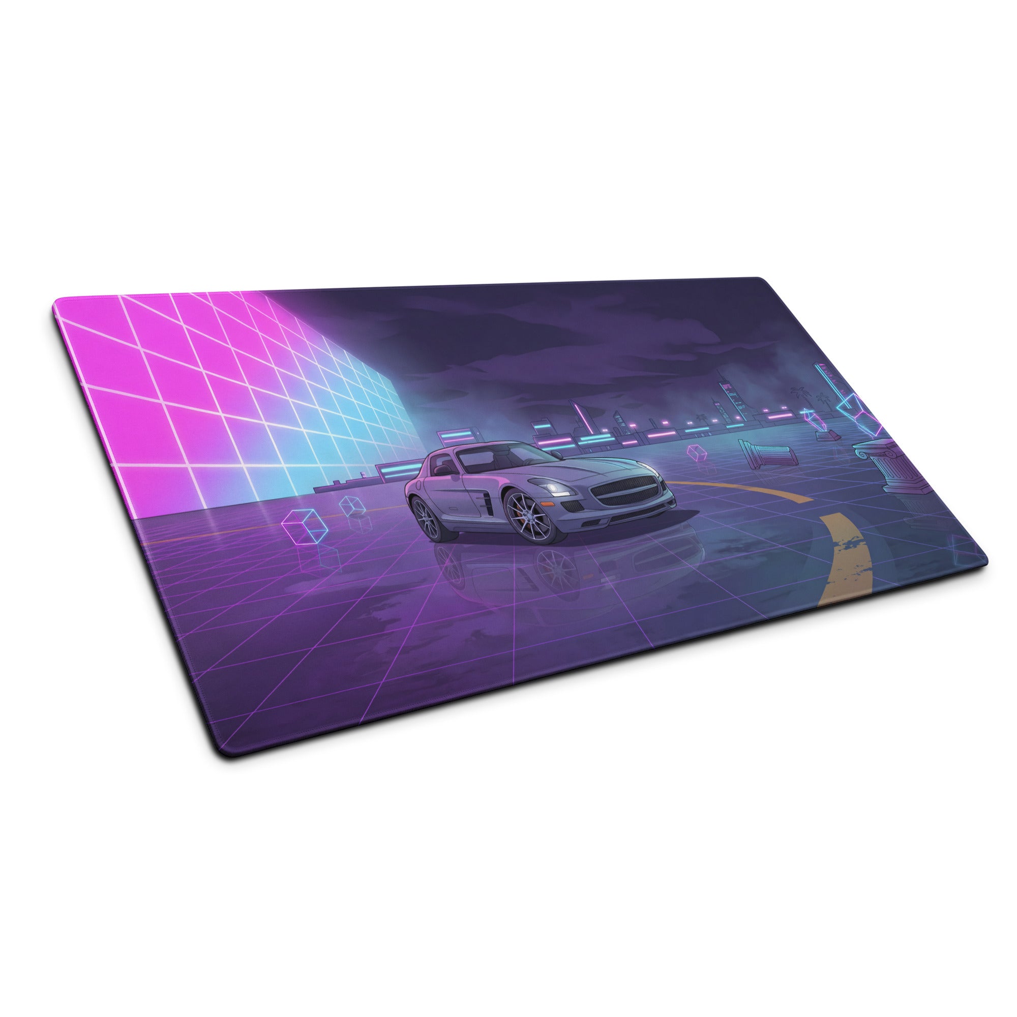 Mercedes-Benz SLS AMG Inspired Silver Purple Vaporwave Gaming Mouse Pad, Neon Supercar Desk Mat with Retro Futuristic Cyberpunk City Artwork