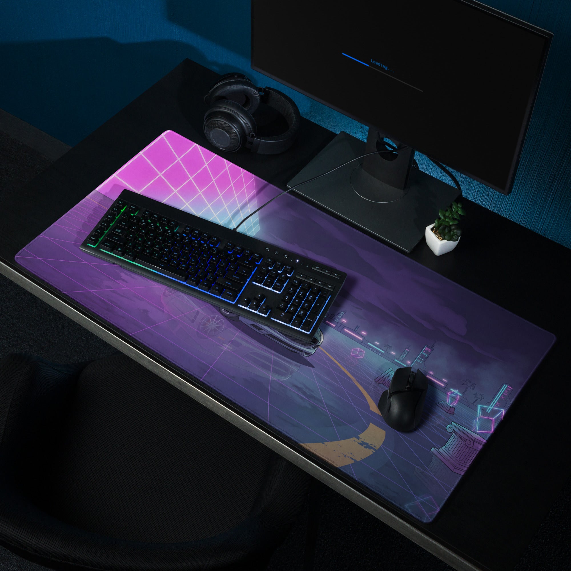 Mercedes-Benz SLS AMG Inspired Silver Purple Vaporwave Gaming Mouse Pad, Neon Supercar Desk Mat with Retro Futuristic Cyberpunk City Artwork