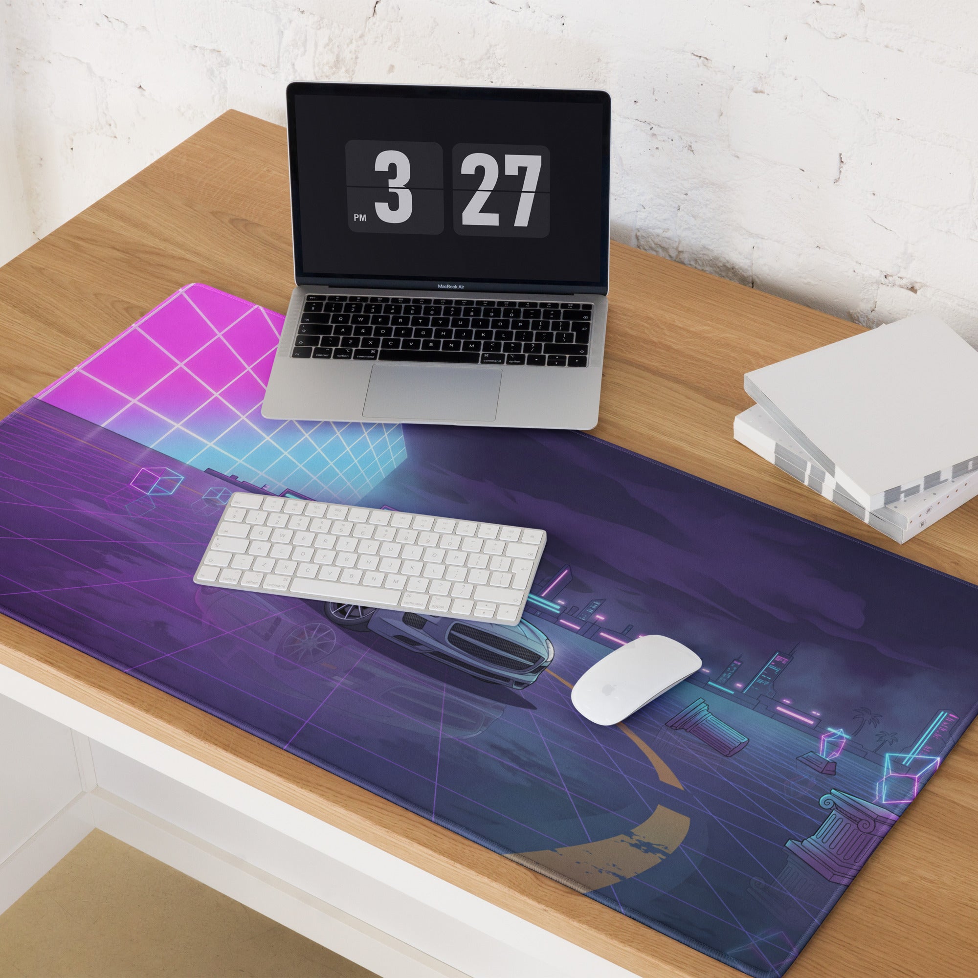 Mercedes-Benz SLS AMG Inspired Silver Purple Vaporwave Gaming Mouse Pad, Neon Supercar Desk Mat with Retro Futuristic Cyberpunk City Artwork