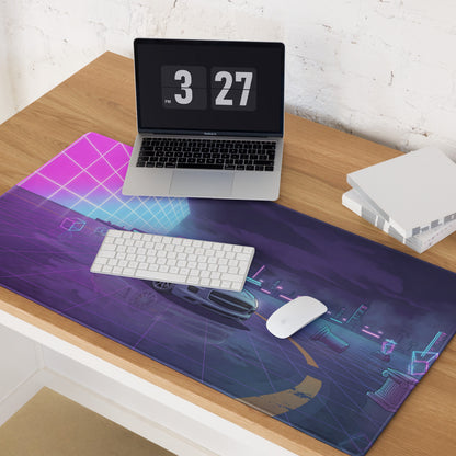 Mercedes-Benz SLS AMG Inspired Silver Purple Vaporwave Gaming Mouse Pad, Neon Supercar Desk Mat with Retro Futuristic Cyberpunk City Artwork