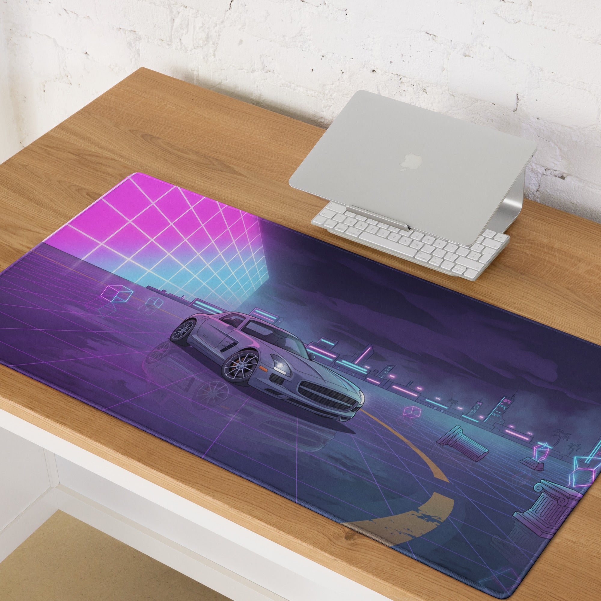 Mercedes-Benz SLS AMG Inspired Silver Purple Vaporwave Gaming Mouse Pad, Neon Supercar Desk Mat with Retro Futuristic Cyberpunk City Artwork
