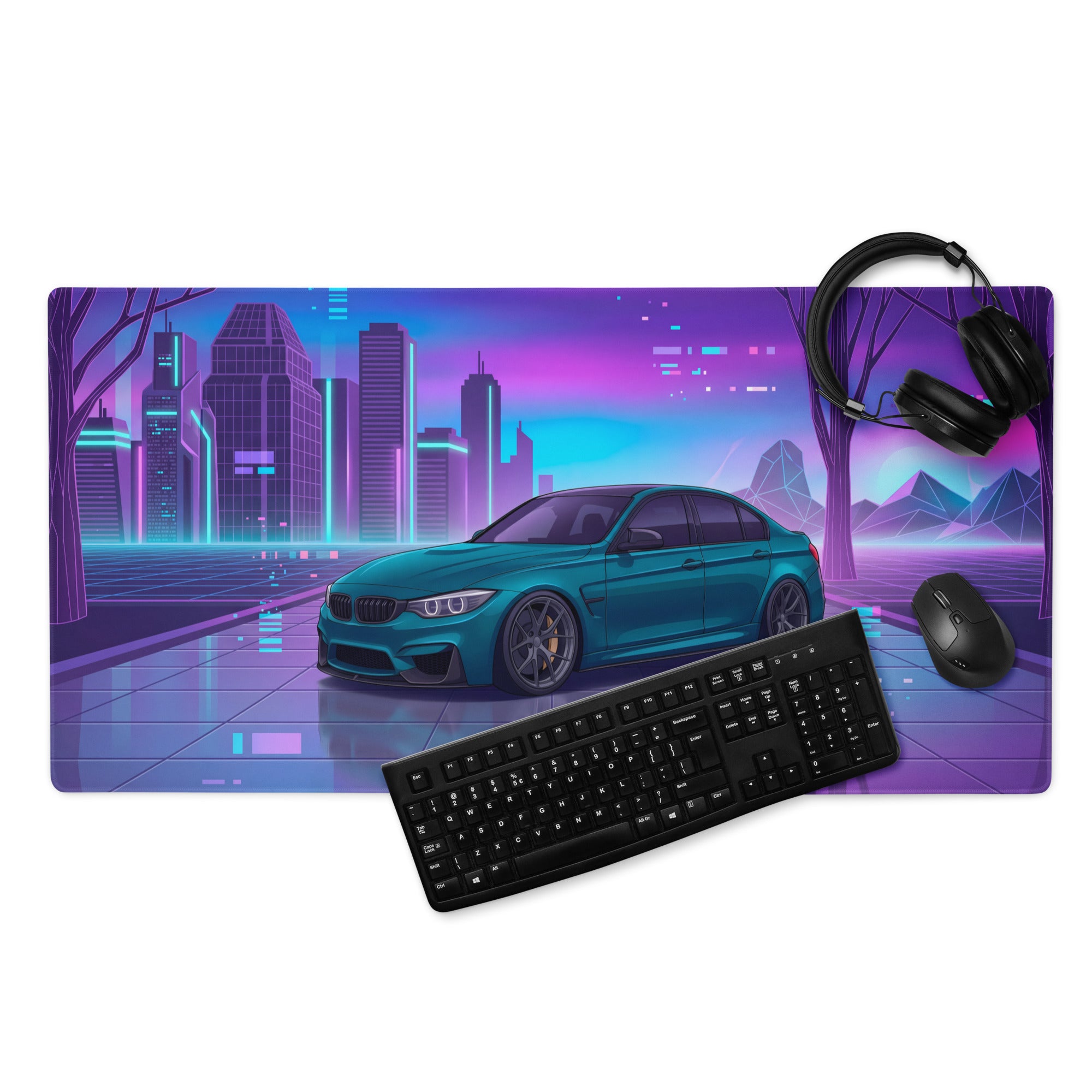 BMW M3 F80 Inspired Teal Purple Vaporwave Gaming Mouse Pad, Neon Sports Sedan Desk Mat with Futuristic Cyberpunk City Artwork